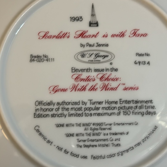 1993 W.S. George Gone With The Wind Collector's Plate "Scarlett's Heart W/ Tara" - Picture 4 of 5